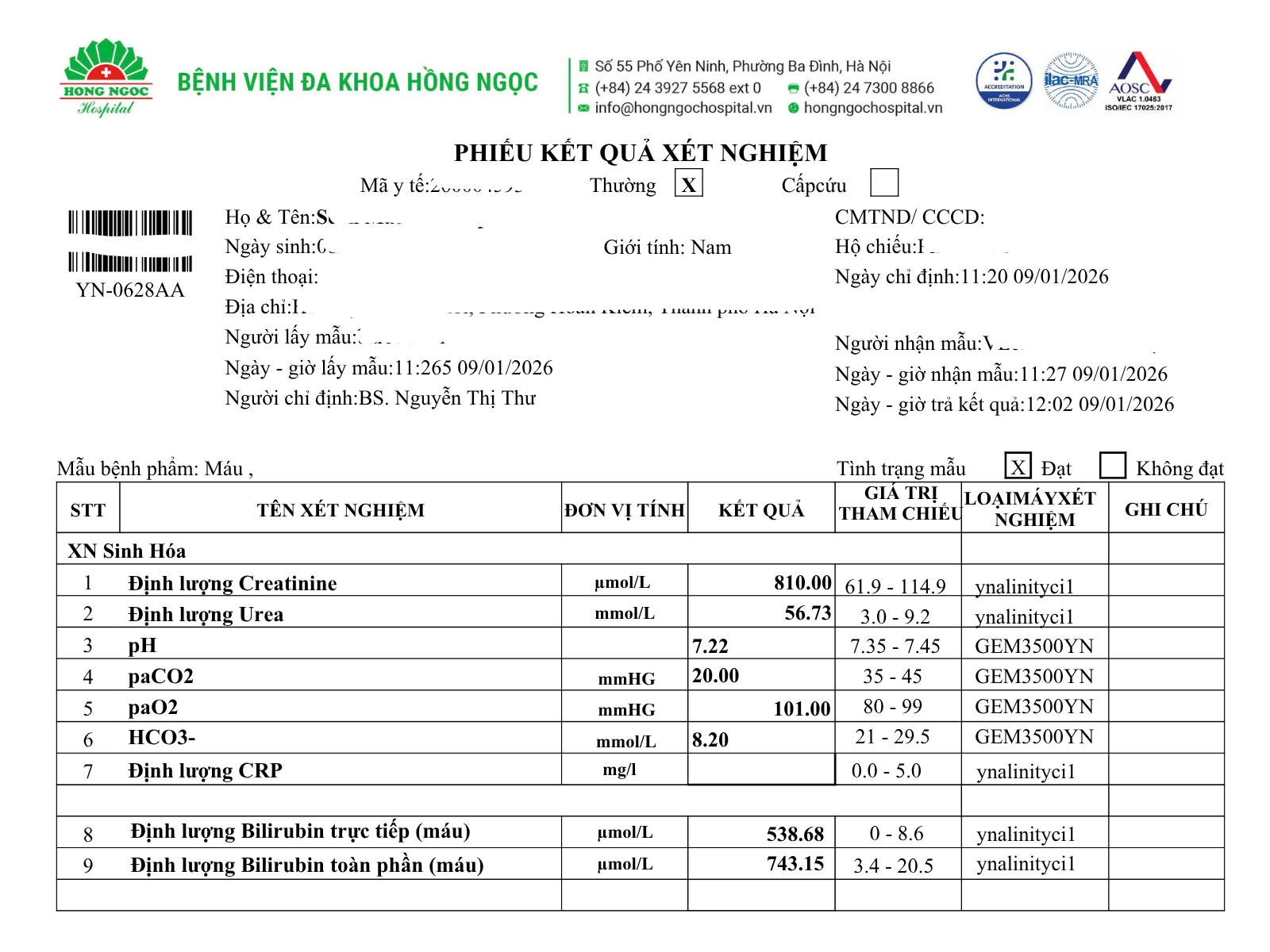 환자의 검사 수치가 모두 위험 수치를 기록하고 있습니다 