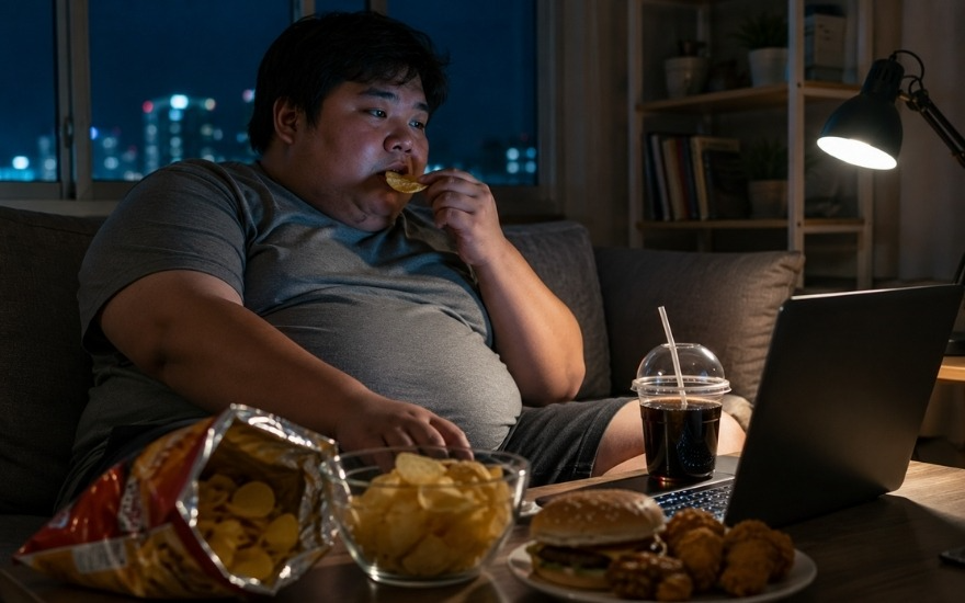 늦은 밤에 깨어 있으면서 패스트푸드를 먹는 습관은 내장지방을 쌓이게 하는 지름길입니다.