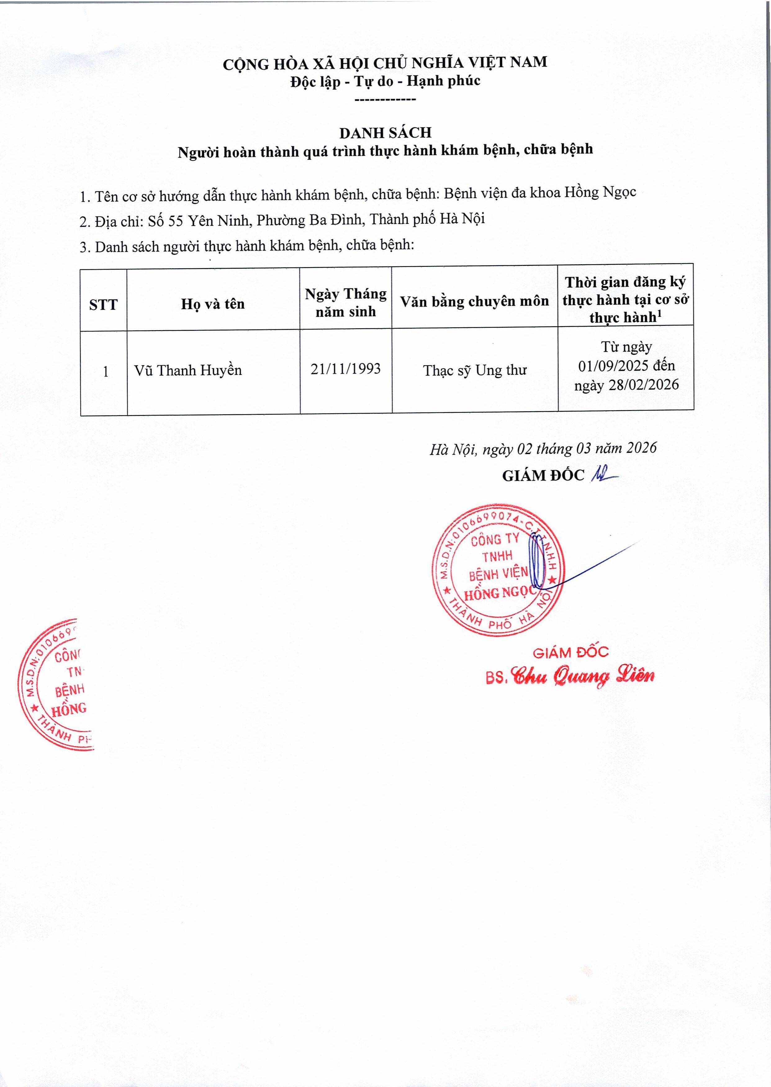 DS Hoàn Thành Thực Hành Tháng 3