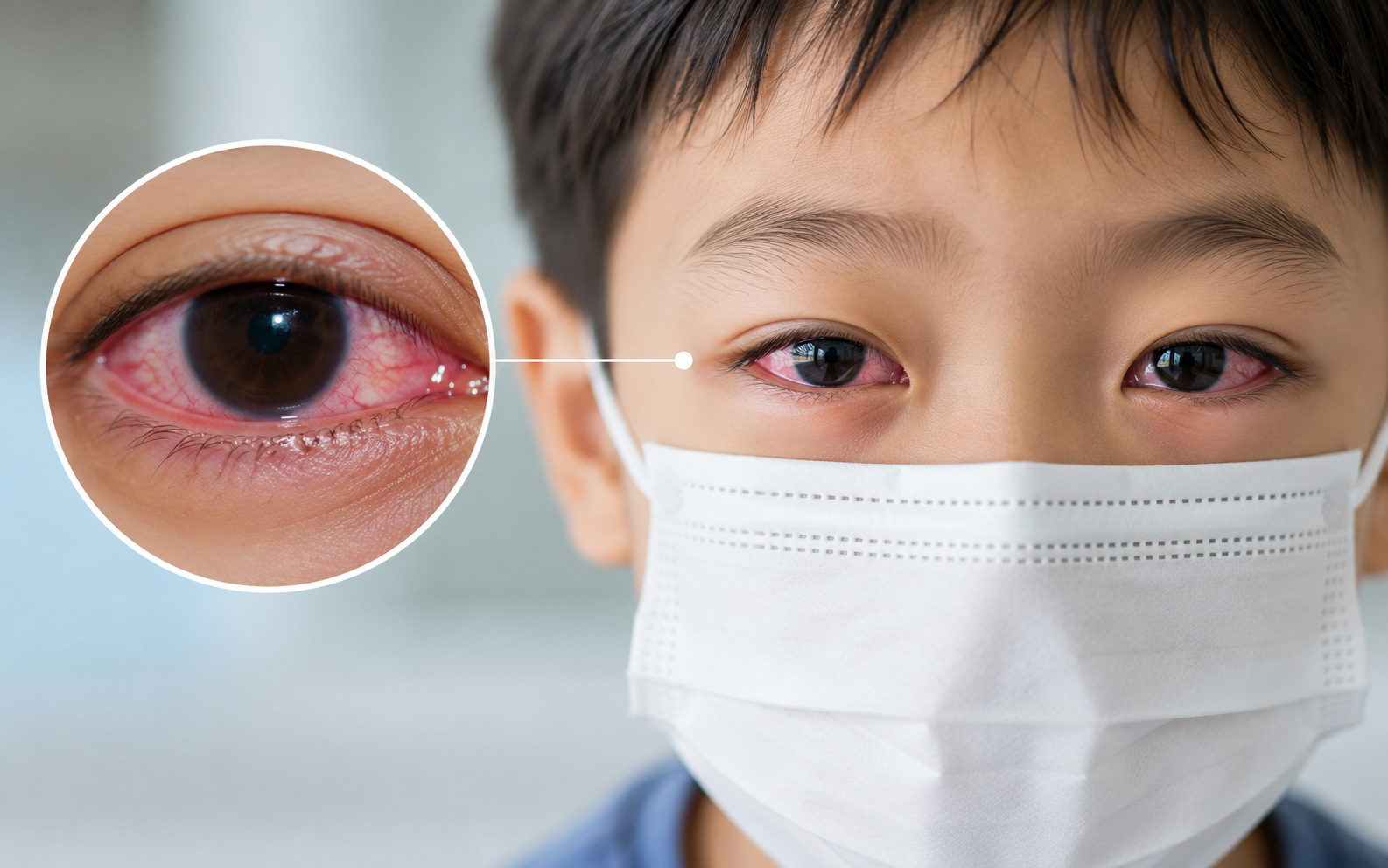 Mắt đỏ, cộm ghèn là một trong những biểu hiện điển hình của nhiễm Adenovirus