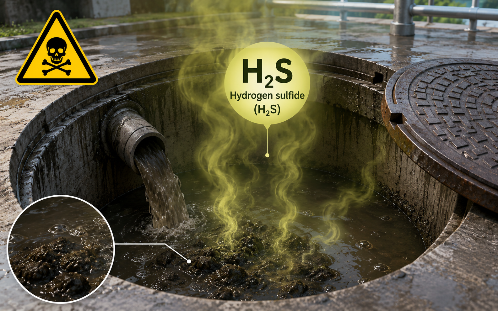 H2S là khí độc thường có trong bùn thải, phân lỏng, cống và các hệ thống xử lý nước thải