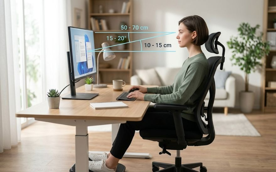 Tư thế ngồi chuẩn công thái học và cự ly màn hình hợp lý là yếu tố cốt lõi giúp bảo vệ thị lực