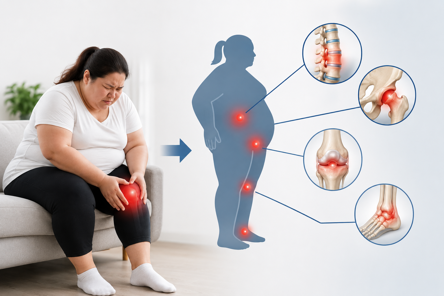 Áp lực tăng lên các khớp như gối, háng, cột sống, cổ chân và bàn chân ở người béo phì