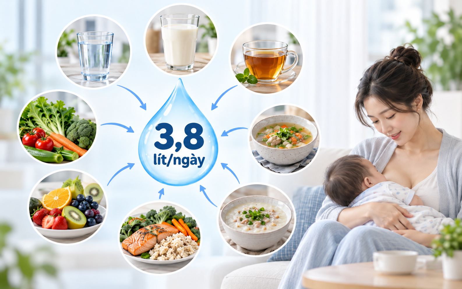 Nước mẹ uống có thể đến từ nước lọc, sữa, đồ uống, canh, súp, cháo, rau củ, trái cây và nước có trong thực phẩm