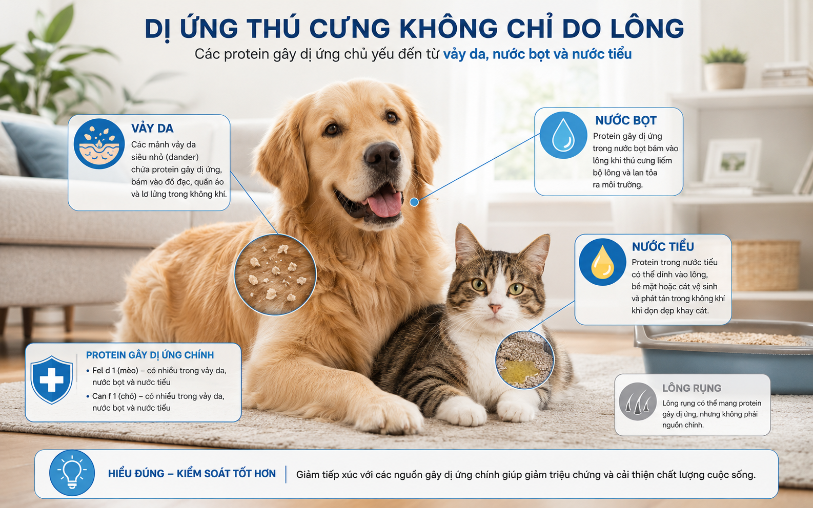 Dị nguyên chủ yếu có trong vảy da, nước bọt và nước tiểu của thú cưng