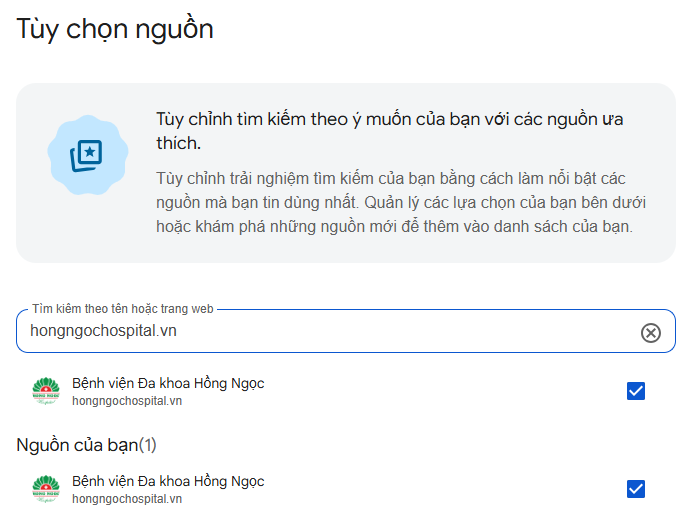 Hướng dẫn chọn Bệnh viện Đa khoa Hồng Ngọc làm nguồn ưu tiên trên Google