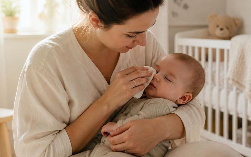 Cha mẹ cần sử dụng gạc vô khuẩn và nước muối sinh lý để lau sạch gỉ mắt cho trẻ nhẹ nhàng từ khóe mắt ra đuôi mắt.